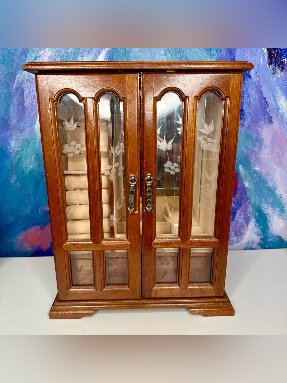Vintage Wooden Jewelry Box Etched Floral Glass 1980s Armoire Chest Mirror Drawer